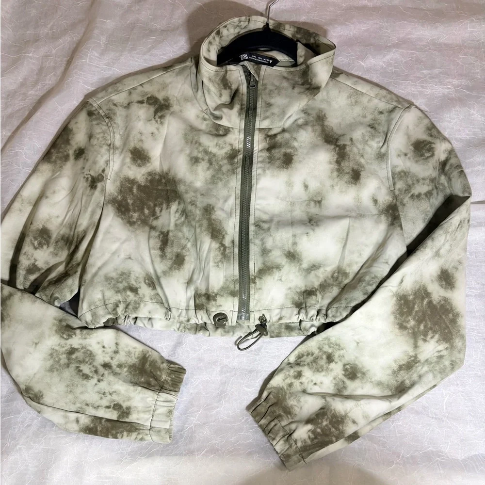 Sara Olive and White Cropped Tie-Dye Bomber Jacket - Picture 1 of 7